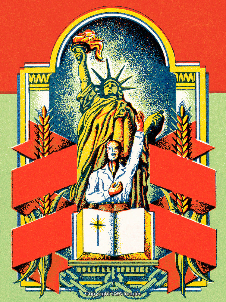 Symbolic Illustration Featuring Liberty, Faith, and Unity in a Bold Artistic Composition