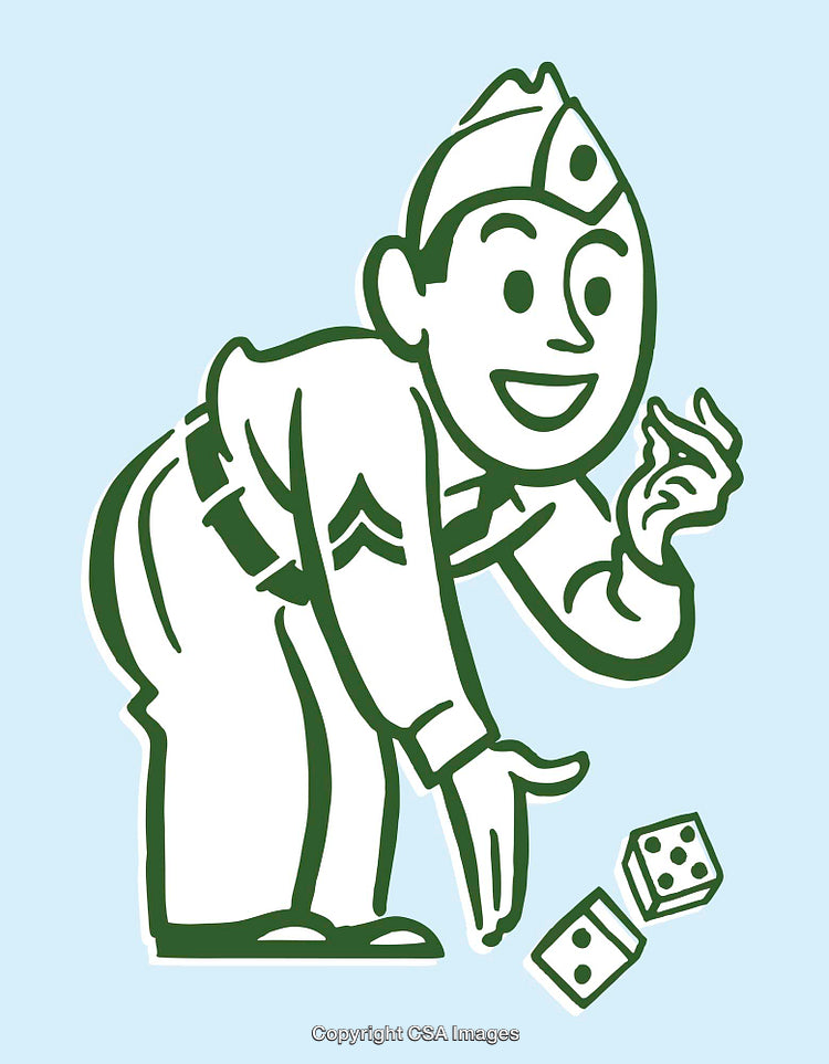 Retro Line Art of a Man Throwing Dice in Green and White