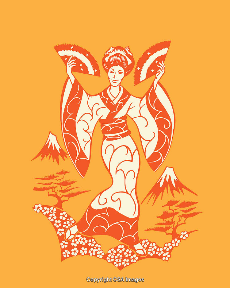 Traditional Japanese Dancer Illustration in Vibrant Color Line Art Style