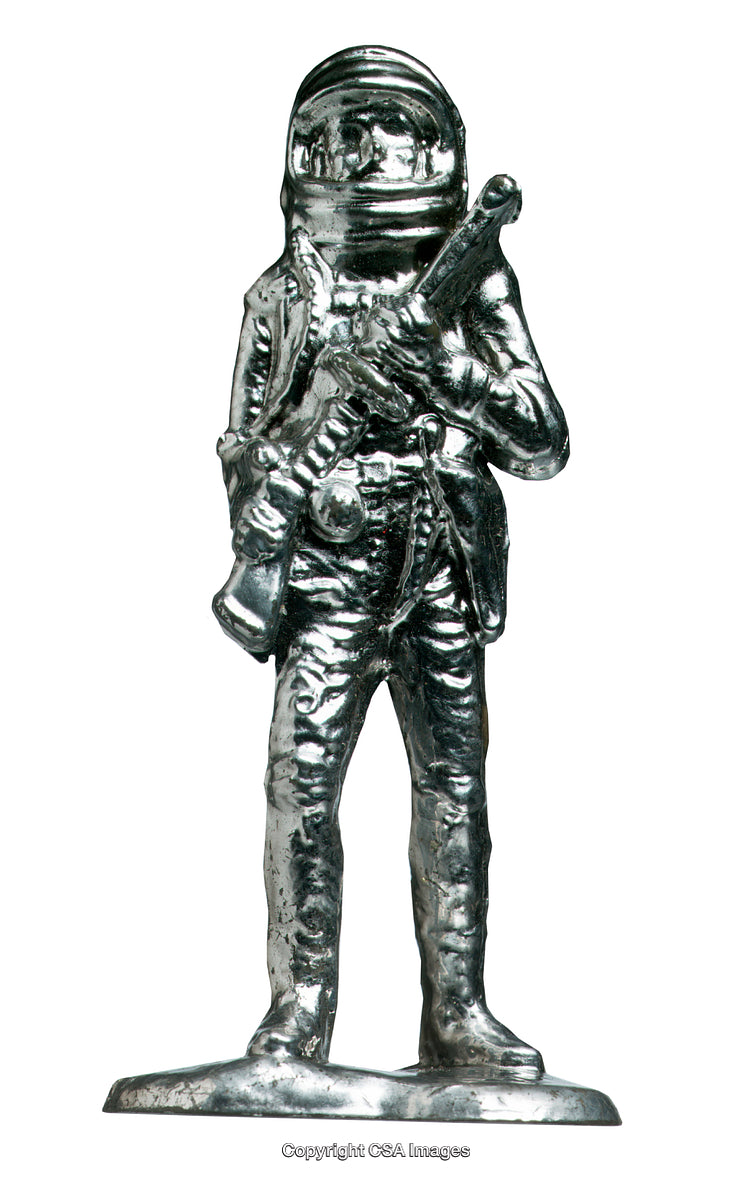 Vintage Metal Astronaut Toy Figure Holding a Weapon in Shiny Finish