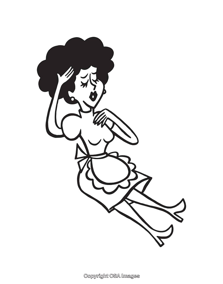 Retro Housewife Fainted in Exaggerated Cartoon Style Line Drawing