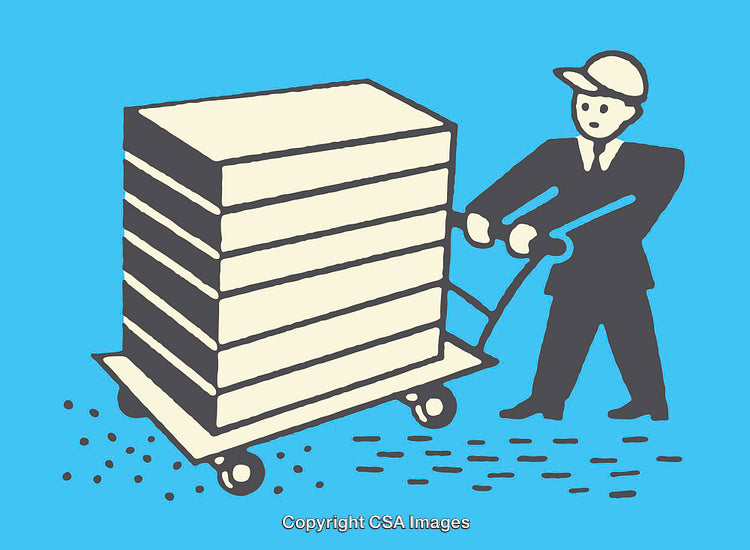 Illustration of Worker Handling Stacked Boxes on a Trolley