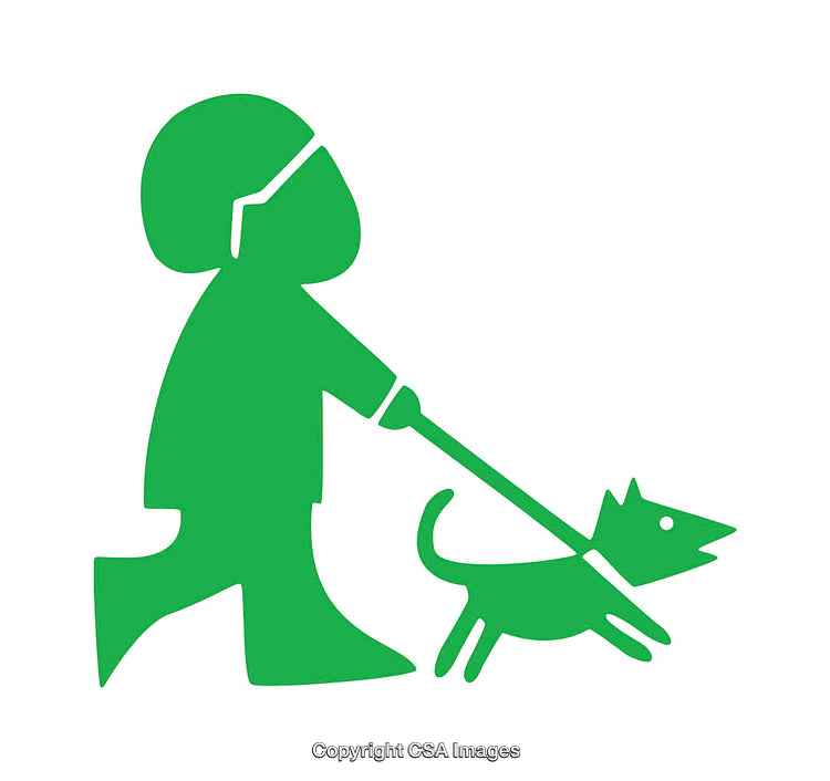 Green Icon of Person Walking a Dog in Minimal Silhouette Style