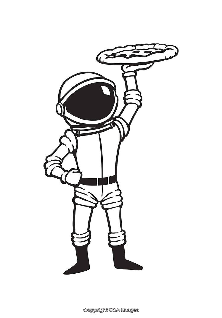 Astronaut Holding a Pizza in Black and White Line Art Style