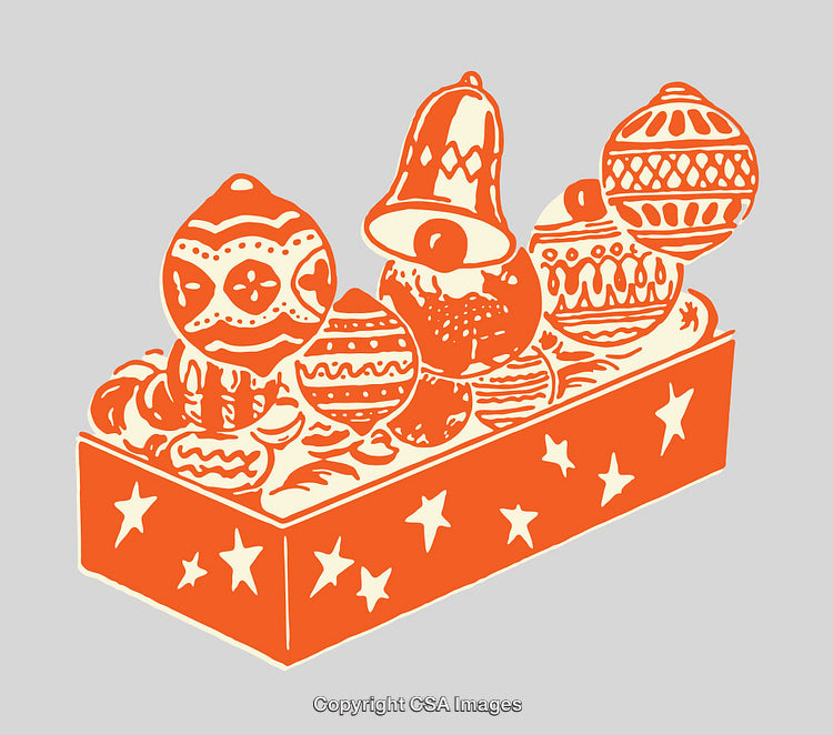 Orange Line Art Illustration of Festive Christmas Decorations Box