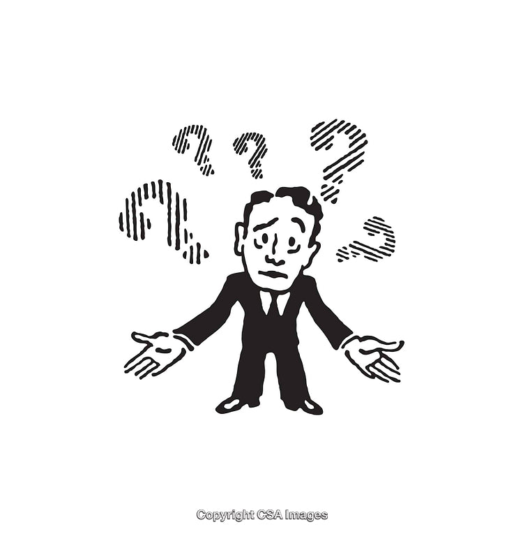 Confused Businessman Illustration with Question Marks in Black and White