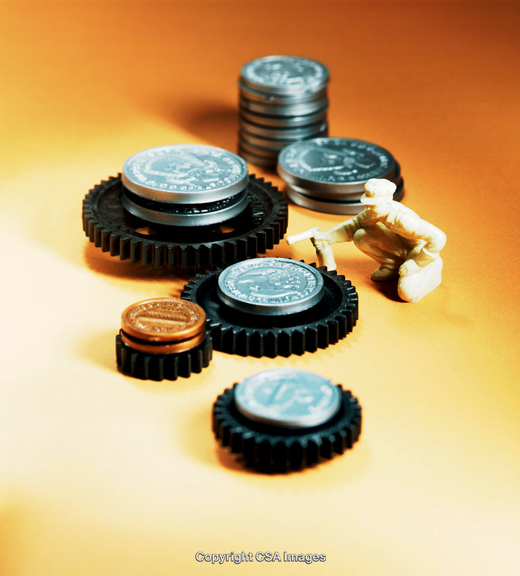 Golden Background with Coins, Gears, and Plastic Figure Depicting Economy