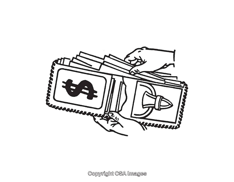 Black and White Line Art Illustration of a Wallet with Currency Symbols