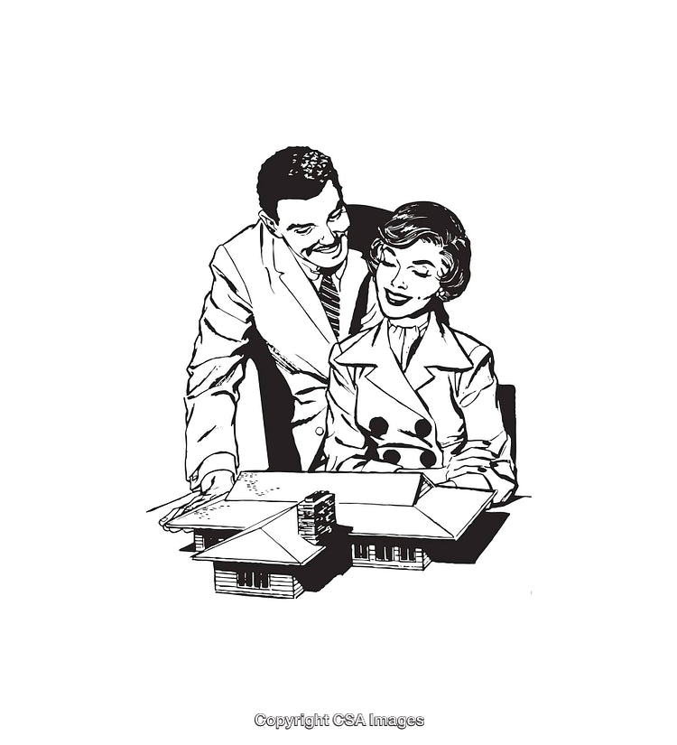 Retro Black and White Line Art Illustration of a Happy Couple with Plans