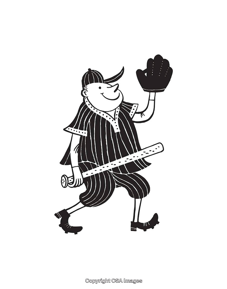Cheerful Black and White Illustration of a Baseball Player in Uniform