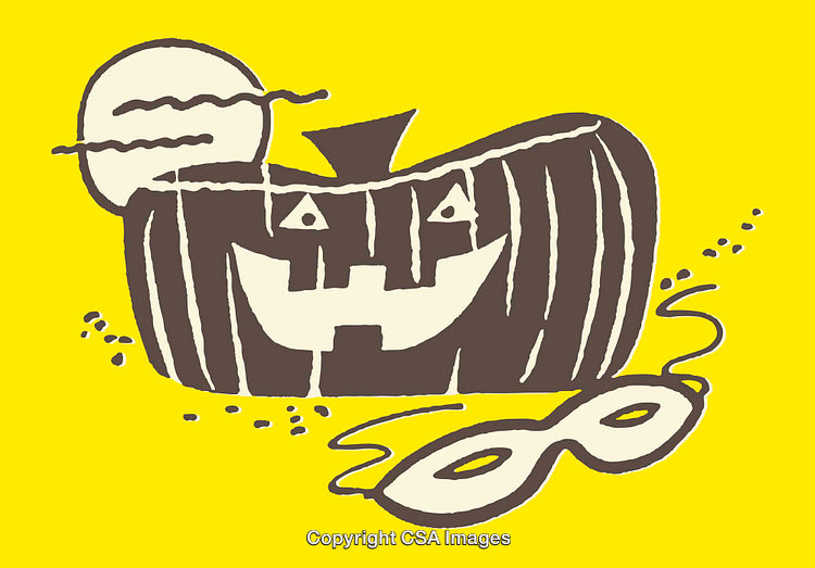 Halloween Illustration Featuring Jack-O'-Lantern, Moon, and Mask on Yellow Background