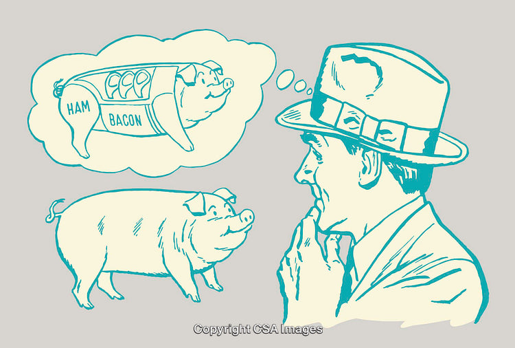 Vintage Line Art Illustration of Man Contemplating Pig and Meat Products