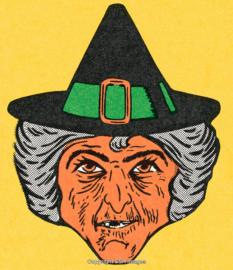 Vintage Illustration of Witch Face With Hat on Yellow Background