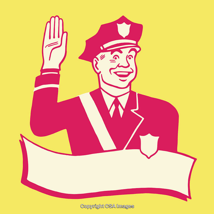 Retro Illustration of a Friendly Policeman in a Badge Uniform