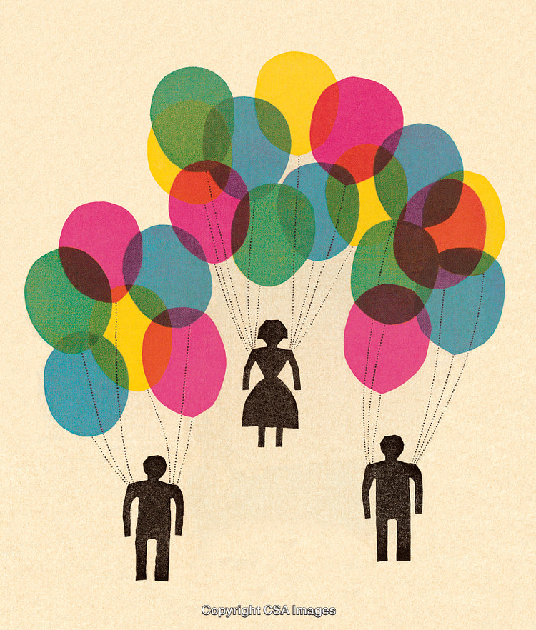 Abstract Illustration of People Flying with Vibrant Colorful Balloons