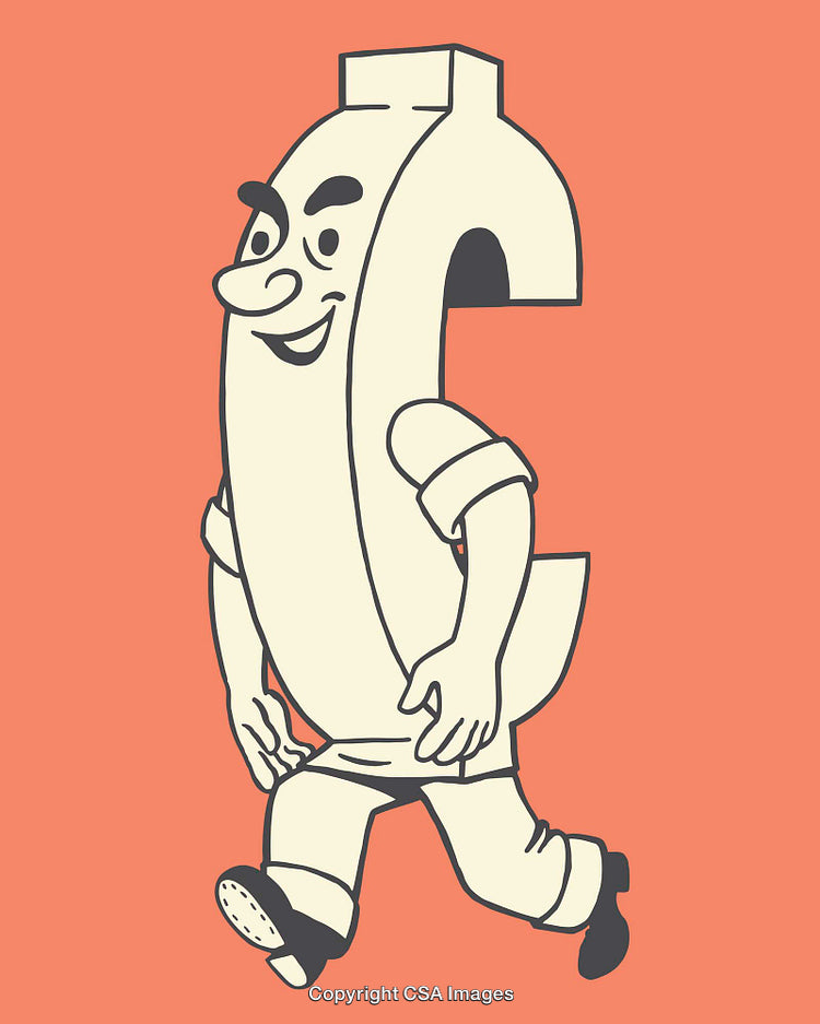 Retro Styled Cartoon Dollar Character on a Coral Background