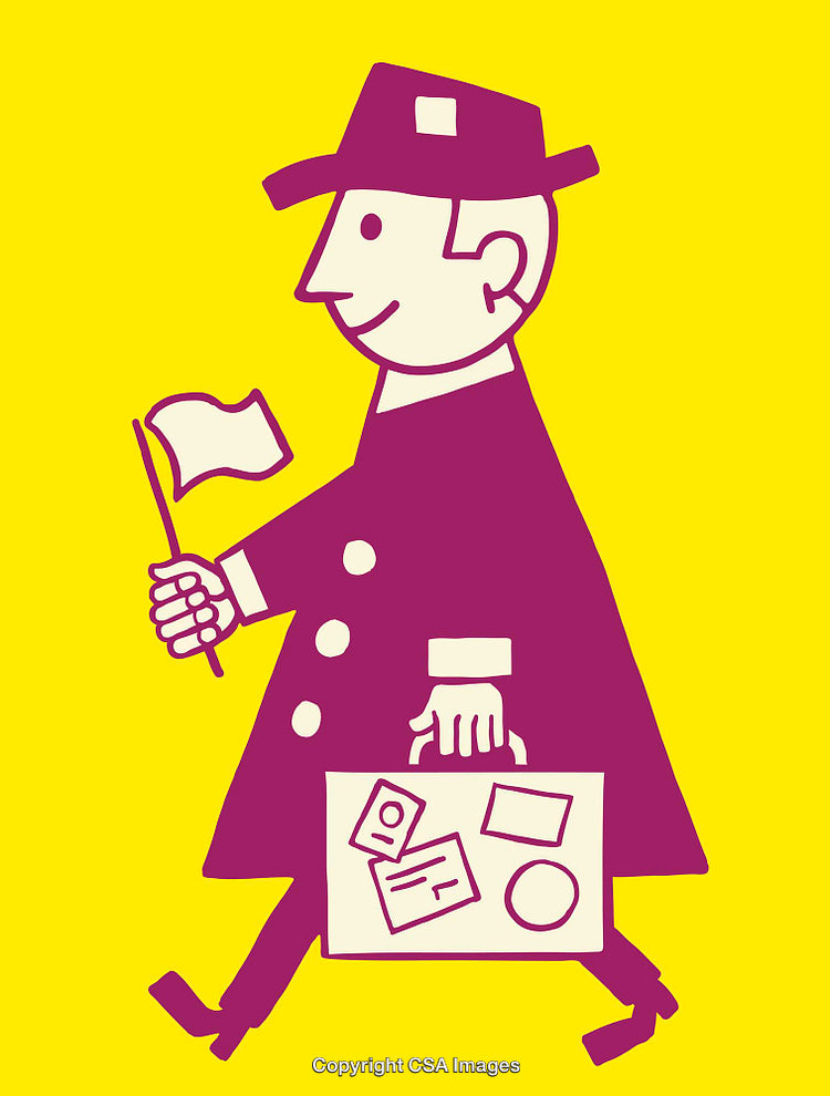 Colorful Illustration of Traveler Carrying Luggage and Waving a Flag