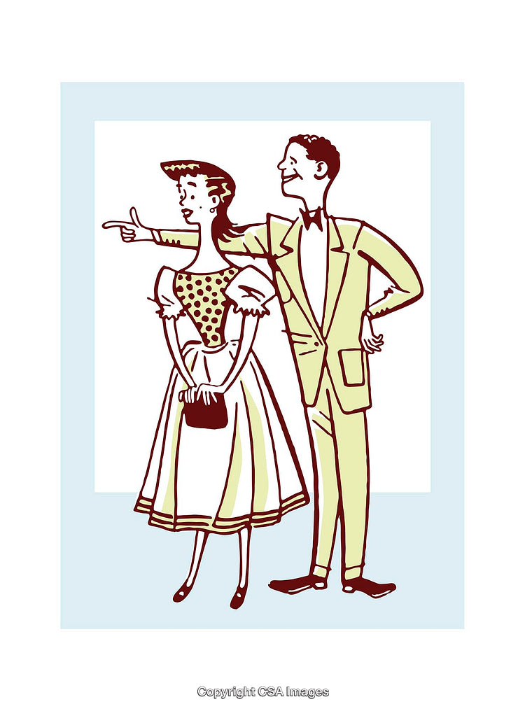 Retro Illustration of a Couple in Vintage Attire Gesturing Together