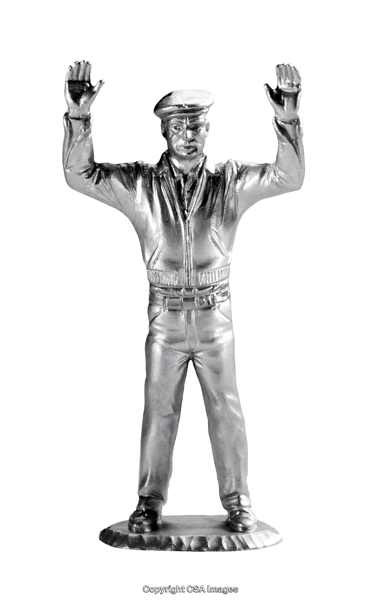 Silver-Colored Figurine of a Man with Hands Raised in a Casual Outfit