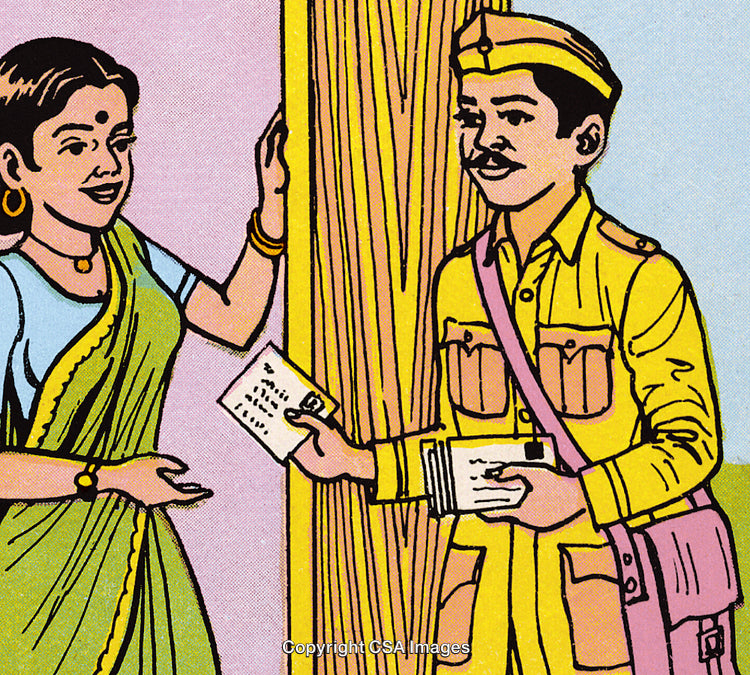 Colorful Comic Illustration of a Postman Delivering Letters to a Woman