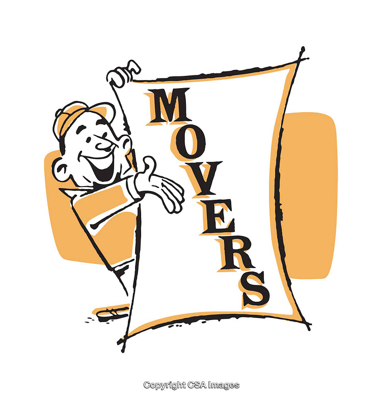 Illustration of Moving Service Cheerful Logo with Smiling Worker Displaying Sign