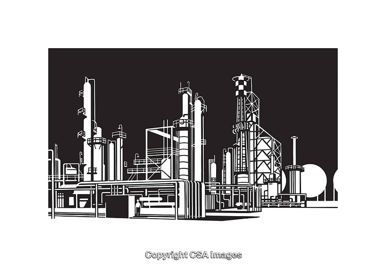Black and White Industrial Facility Line Art Illustration with Detailed Structures