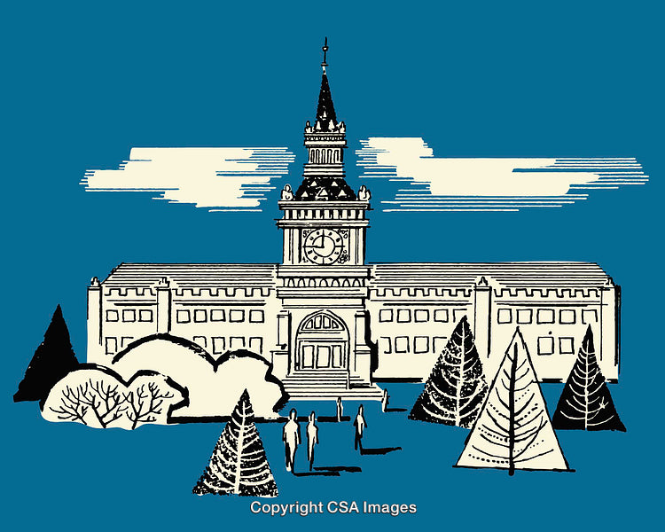 Illustrated Historical Building With Tower in Scenic Landscape