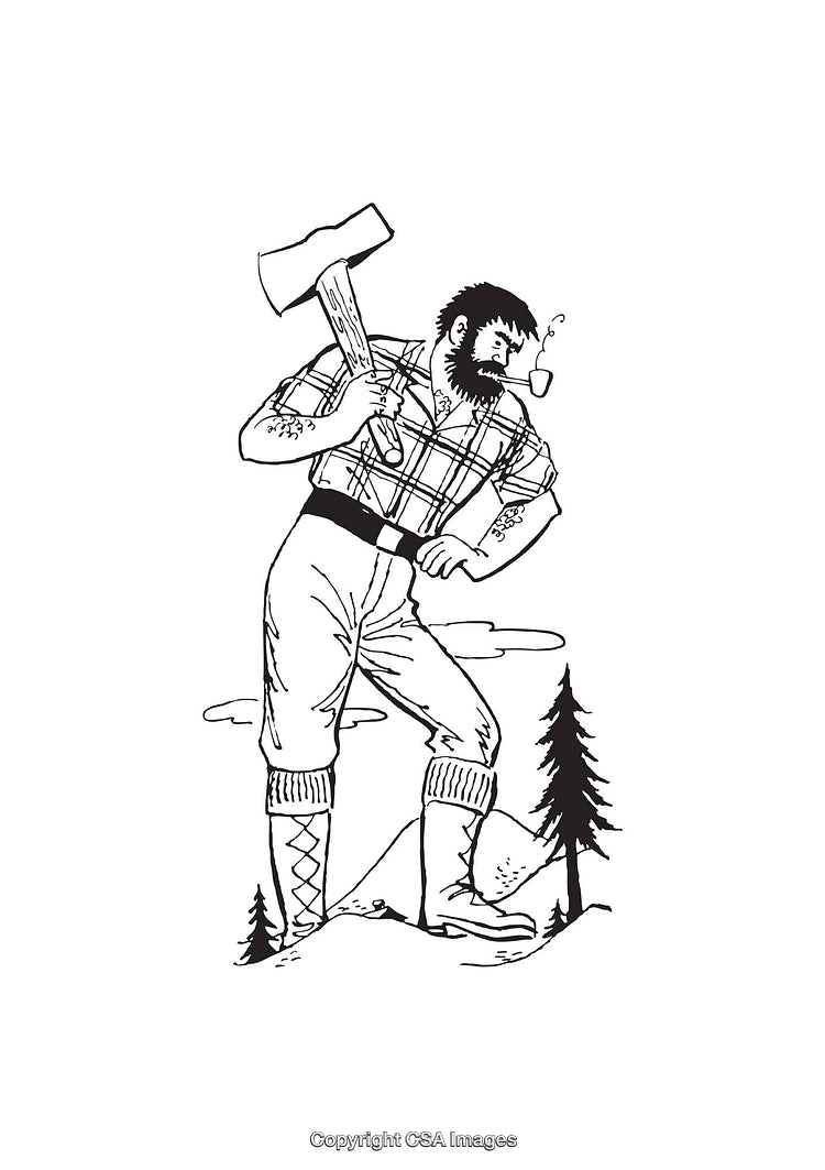 Black and White Line Art of Lumberjack with Axe Smoking Pipe
