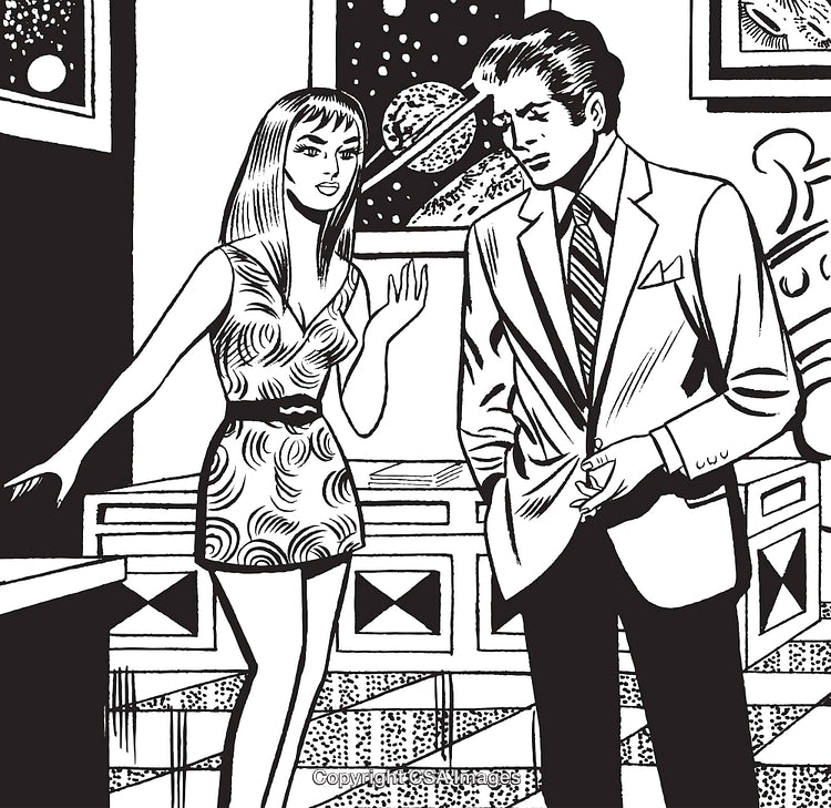Retro Comic Style Couple Engaged in a Thoughtful Discussion in a Space-Themed Room