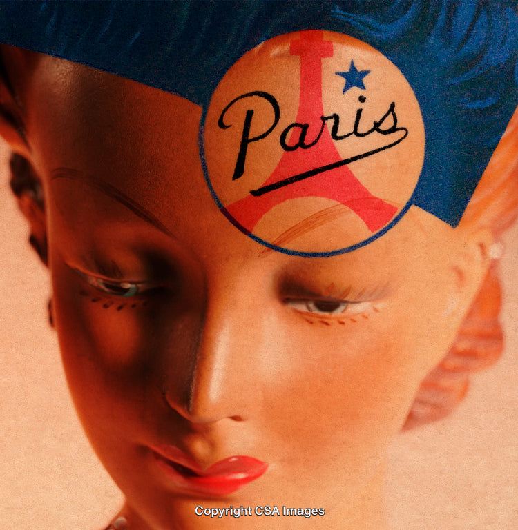 Vintage Mannequin Head with Paris Motif and Artistic Design