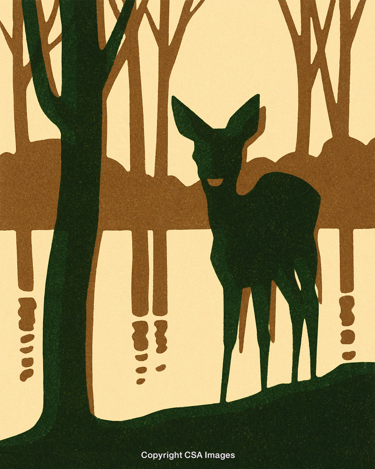 Bright Abstract Forest Scene with Deer Silhouette and Reflecting Water