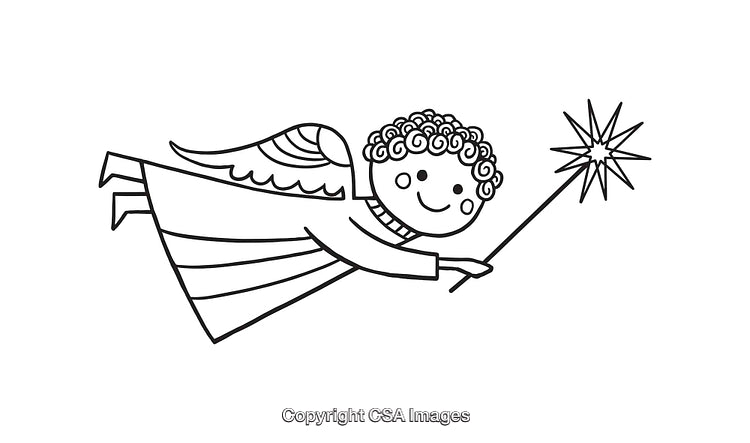 Cute Line Art Angel with Magic Wand and Wings in Black and White