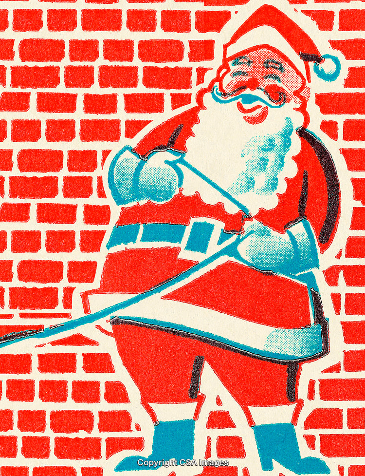 Vintage Santa Illustration with Brick Background in Red and Blue Tones