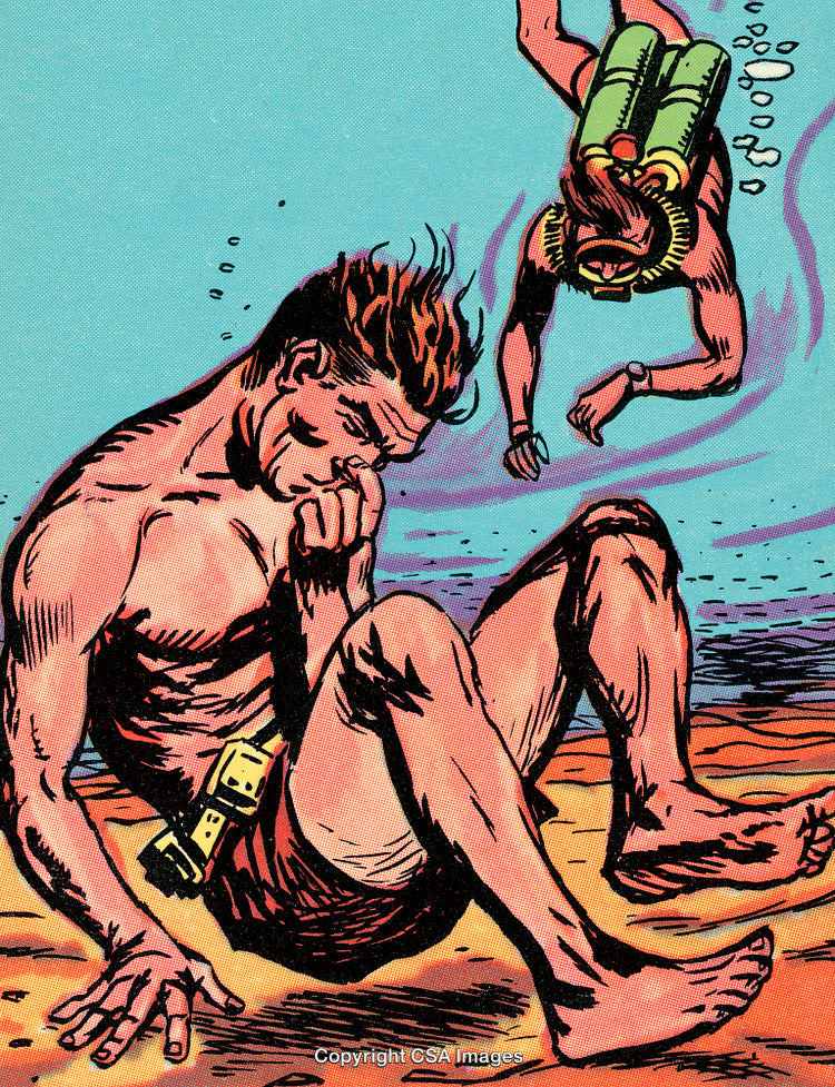 Vintage Comic Illustration Depicting Scuba Divers and Ocean Adventure