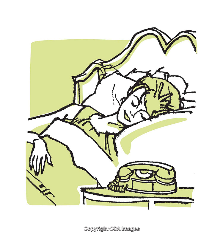 Illustration of Sleeping Woman Next To Vintage Rotary Telephone