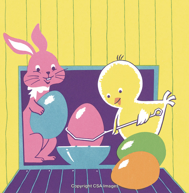 Colorful Bunny and Chick Preparing Easter Eggs Illustration