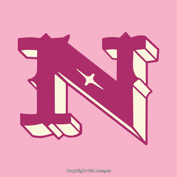 Stylized Decorative Letter N in Bold Colors with Pink Background