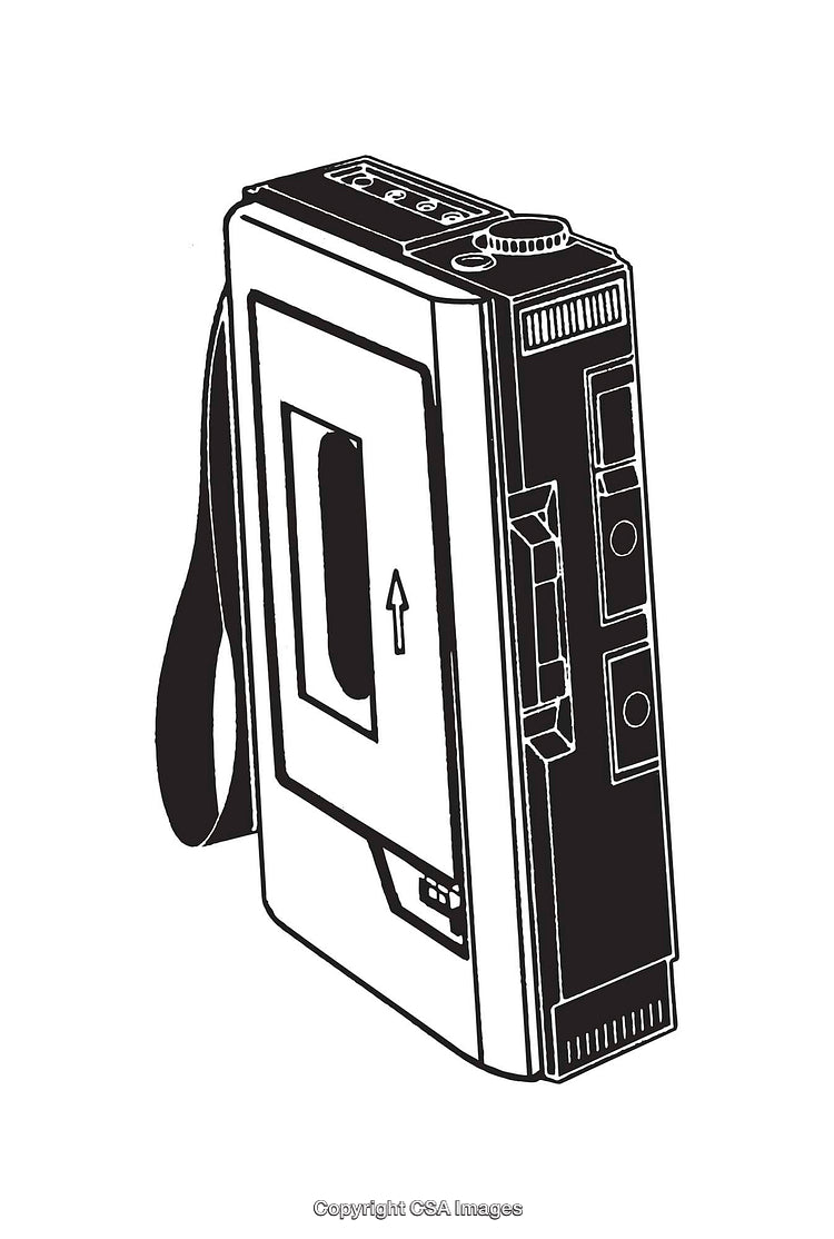 Retro Style Black and White Illustration of a Classic Cassette Player