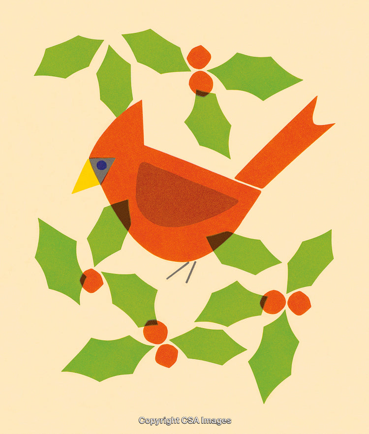Colorful Cardinal Bird with Holly Leaves and Berries