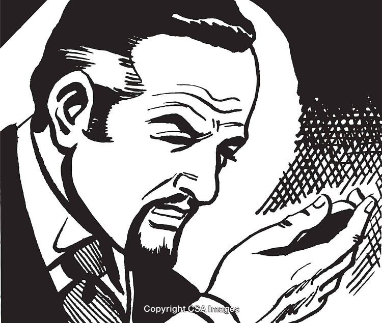 Retro Styled Black and White Illustration of a Man in Thought