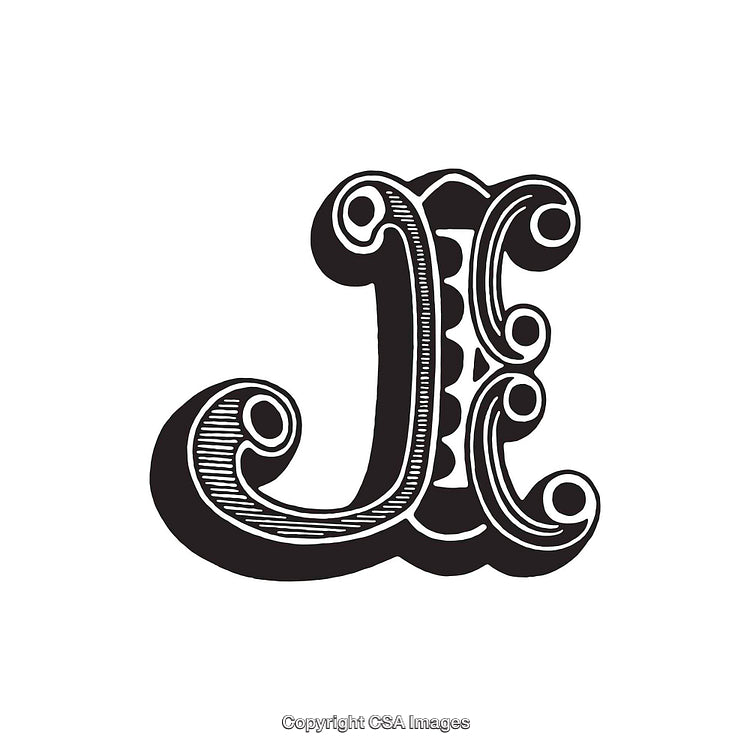 Decorative Black and White Ornamental Letter J in Vintage Style