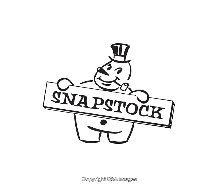 Vintage Black and White Line Art of a Character Holding a Sign