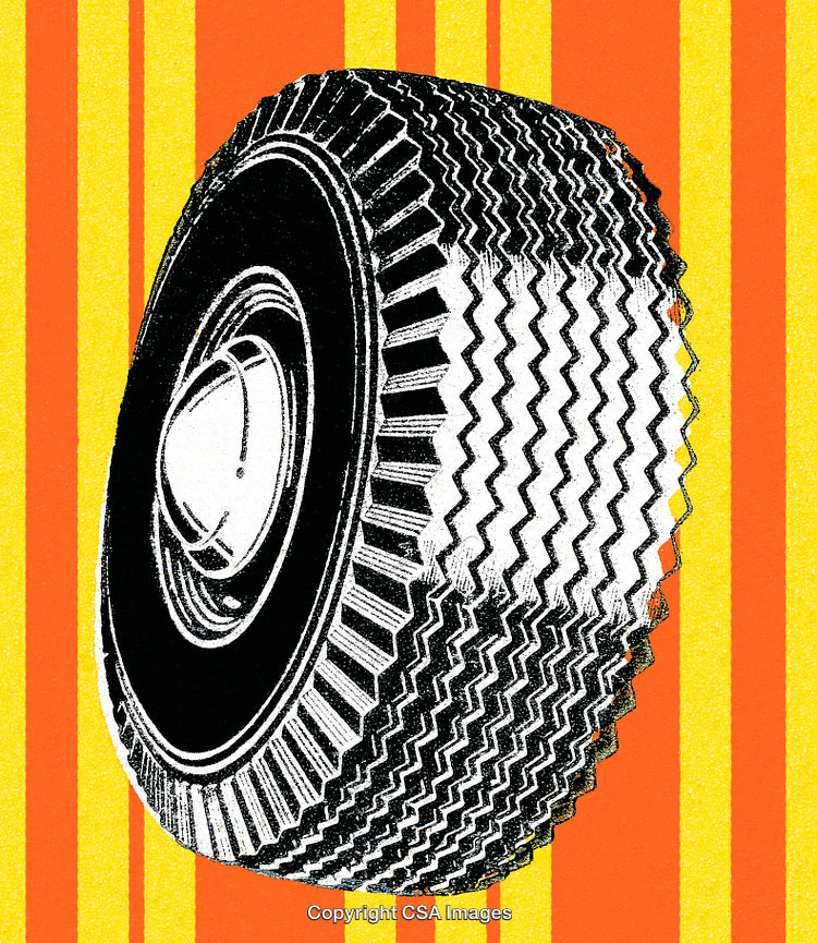Illustration of a Detailed Tire on Vibrant Striped Yellow and Orange Background
