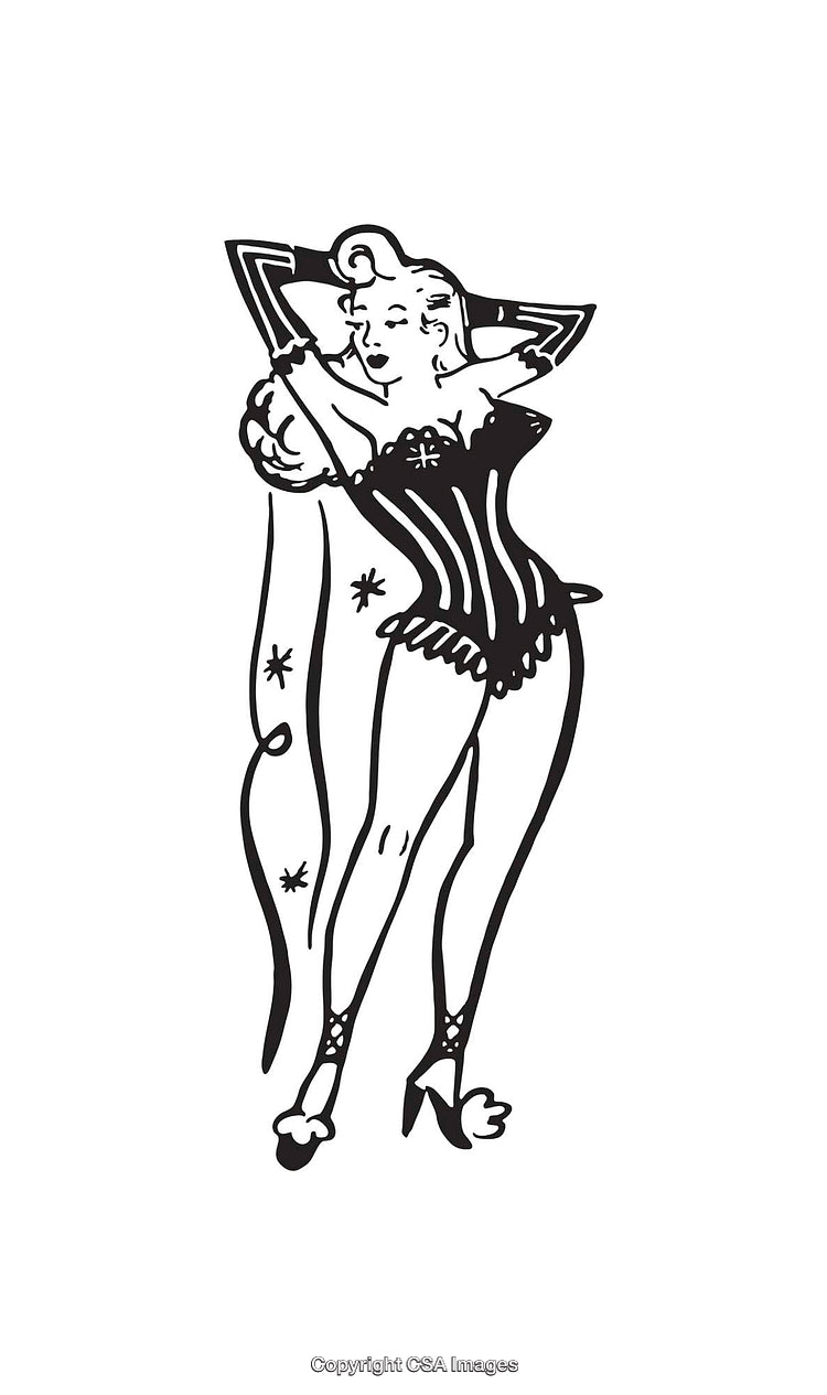 Vintage Pin-Up Style Black And White Line Art Illustration
