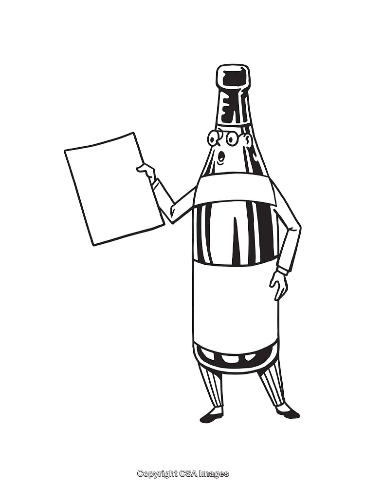 Black and White Illustration of a Comic Bottle Character With a Sign