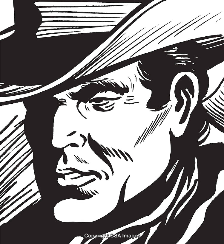 Black and White Illustration of a Man Wearing a Cowboy Hat