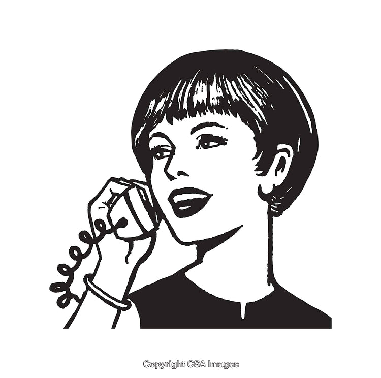 Retro Line Art Illustration of a Woman Talking on a Corded Telephone