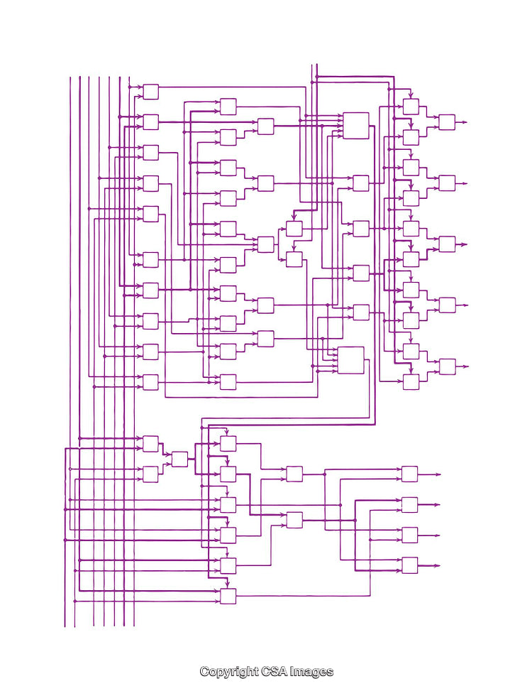 Abstract Digital Signal Processing Circuit Diagram in Purple Lines on White Background