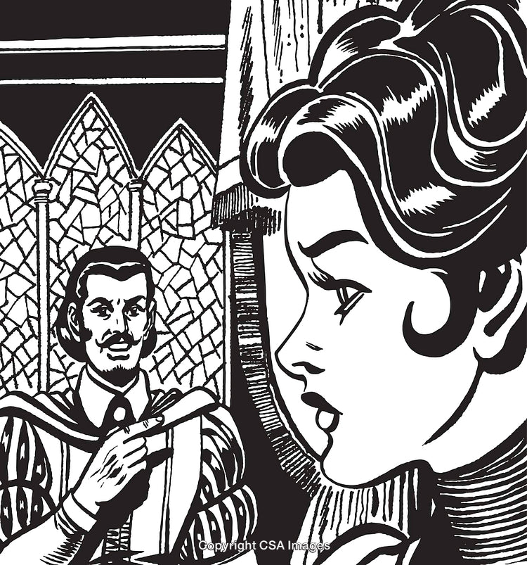 Black and White Medieval Illustration with Two Characters in a Gothic Setting