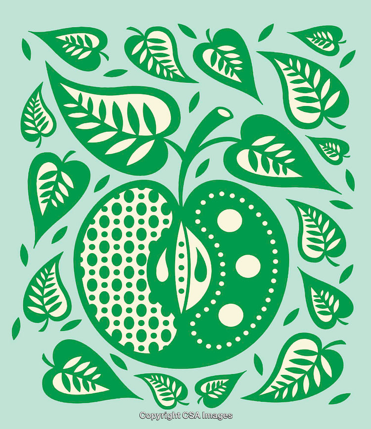 Decorative Green Apple and Leaves Illustration with Abstract Patterns